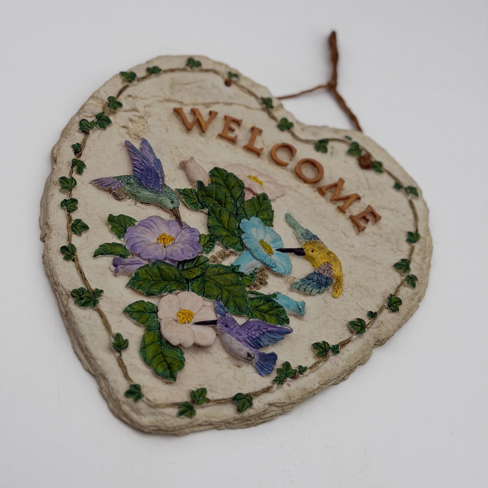 Vintage Heart Shaped Welcome Sign Hummingbirds Flowers Resin Wall Plaque 8.5in